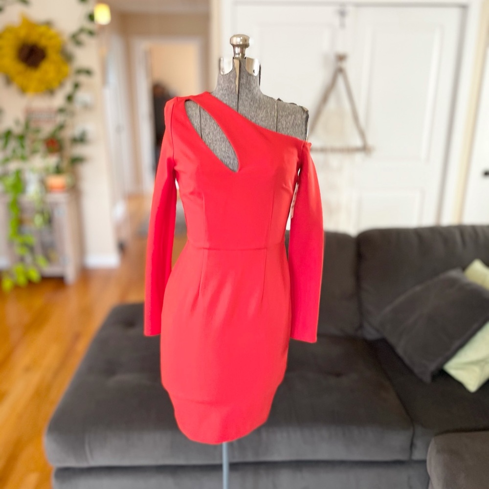 Bar III Asymmetrical Neckline-Cutout Red off the shoulder long sleeves Dress